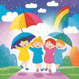 A colorful and cheerful thumbnail image illustrating the phrase 'Rain, rain, go away'