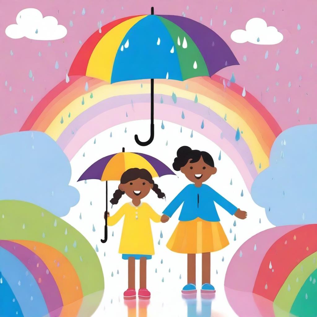 A colorful and cheerful thumbnail image illustrating the phrase 'Rain, rain, go away'