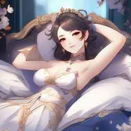 Create an alluring female character inspired by Genshin Impact, depicted in a peaceful sleeping pose