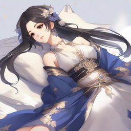 Create an alluring female character inspired by Genshin Impact, depicted in a peaceful sleeping pose