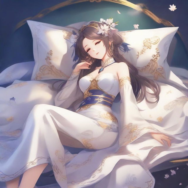 Create an alluring female character inspired by Genshin Impact, depicted in a peaceful sleeping pose