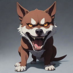 A menacing anime style dog with sharp teeth, fierce eyes and a dramatic pose.