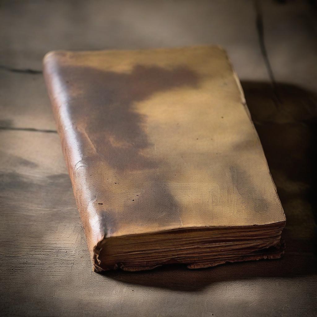 An old, weathered book with a leather-bound cover, worn edges, and yellowed pages