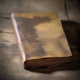 An old, weathered book with a leather-bound cover, worn edges, and yellowed pages