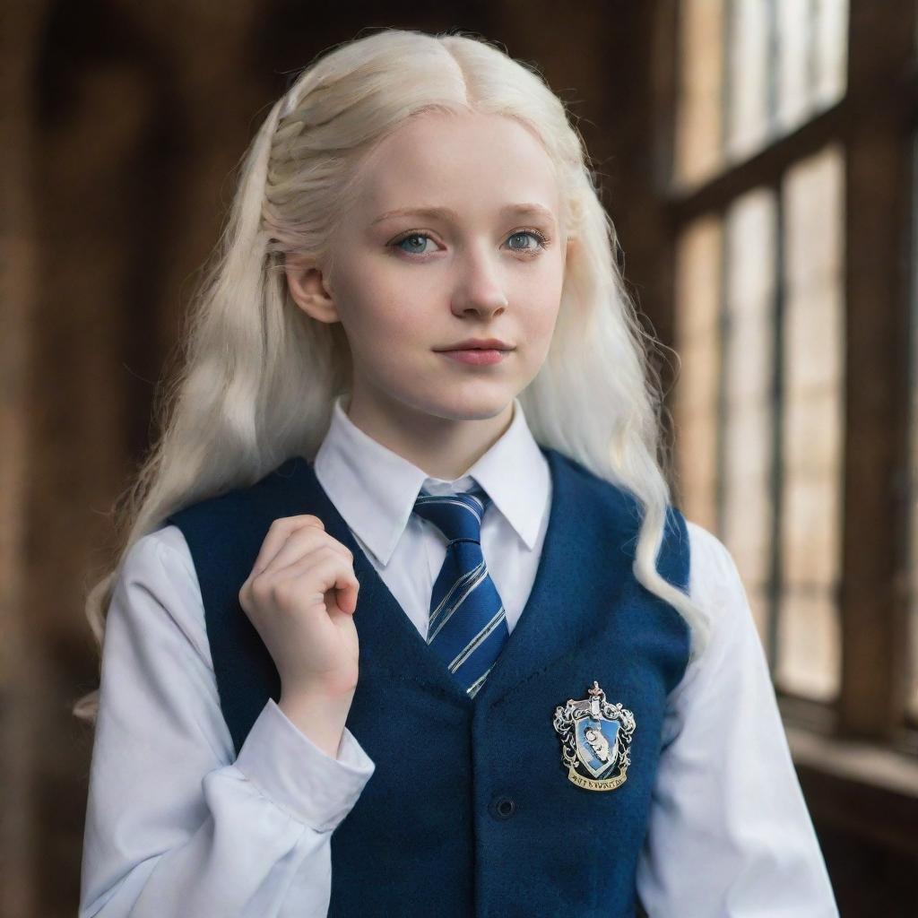 A captivating scene displaying a beautiful, perfect albino girl from Ravenclaw in her Hogwarts uniform, romantically linked with the character of Harry Potter, their affectionate bond articulated through their expressions and interactive poses.