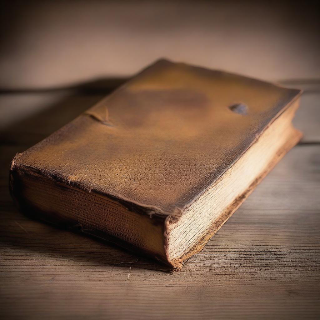 An old, weathered book with a leather-bound cover, worn edges, and yellowed pages