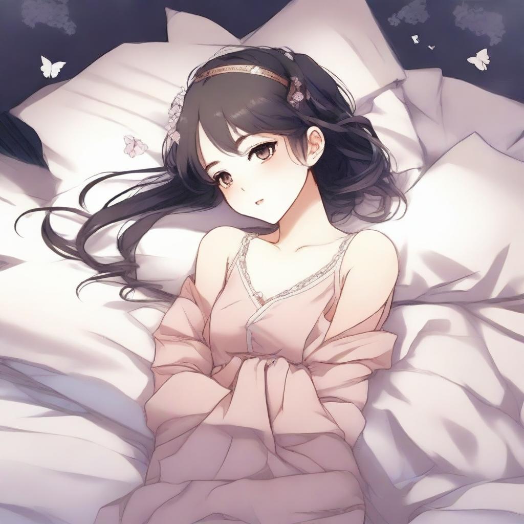 Create an alluring anime girl depicted in a peaceful sleeping pose