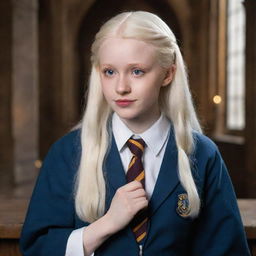 A captivating scene displaying a beautiful, perfect albino girl from Ravenclaw in her Hogwarts uniform, romantically linked with the character of Harry Potter, their affectionate bond articulated through their expressions and interactive poses.