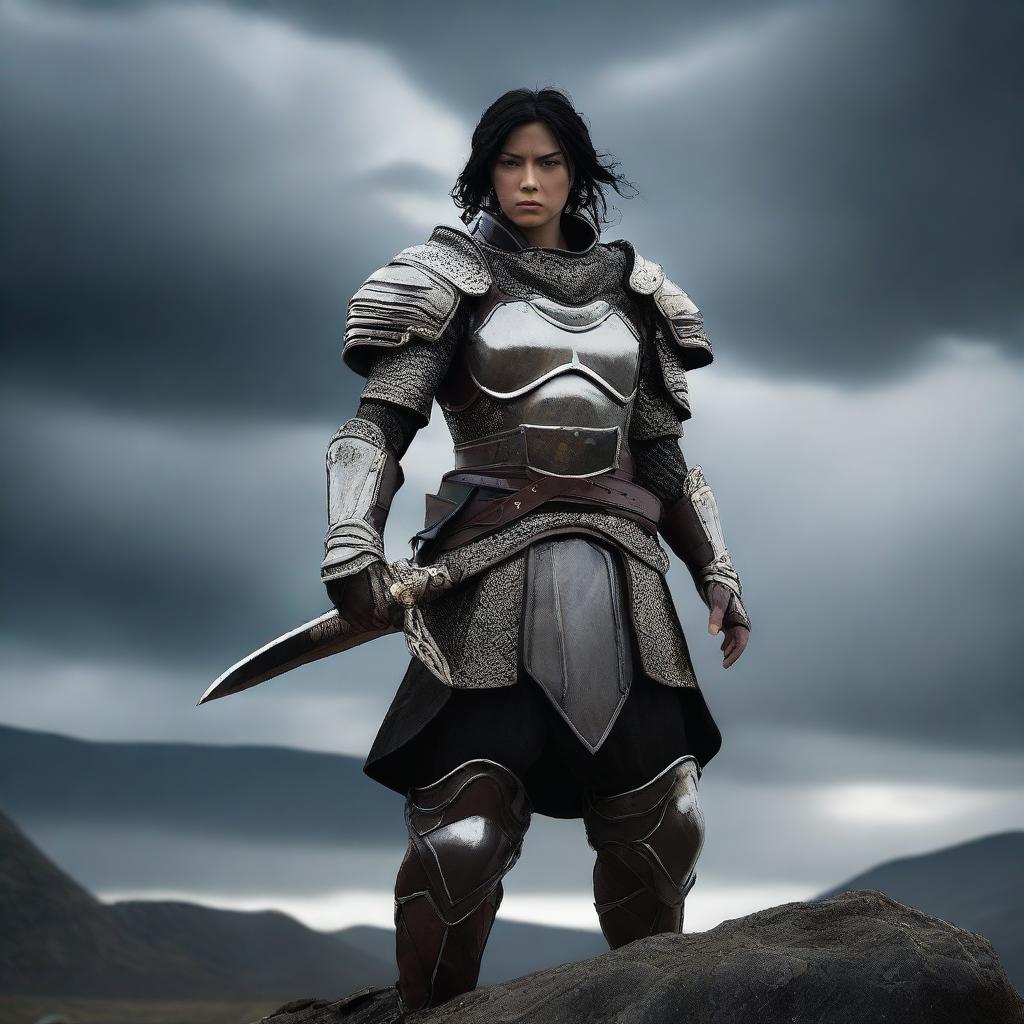 A fierce warrior with short black hair, clad in detailed armor, standing ready for battle