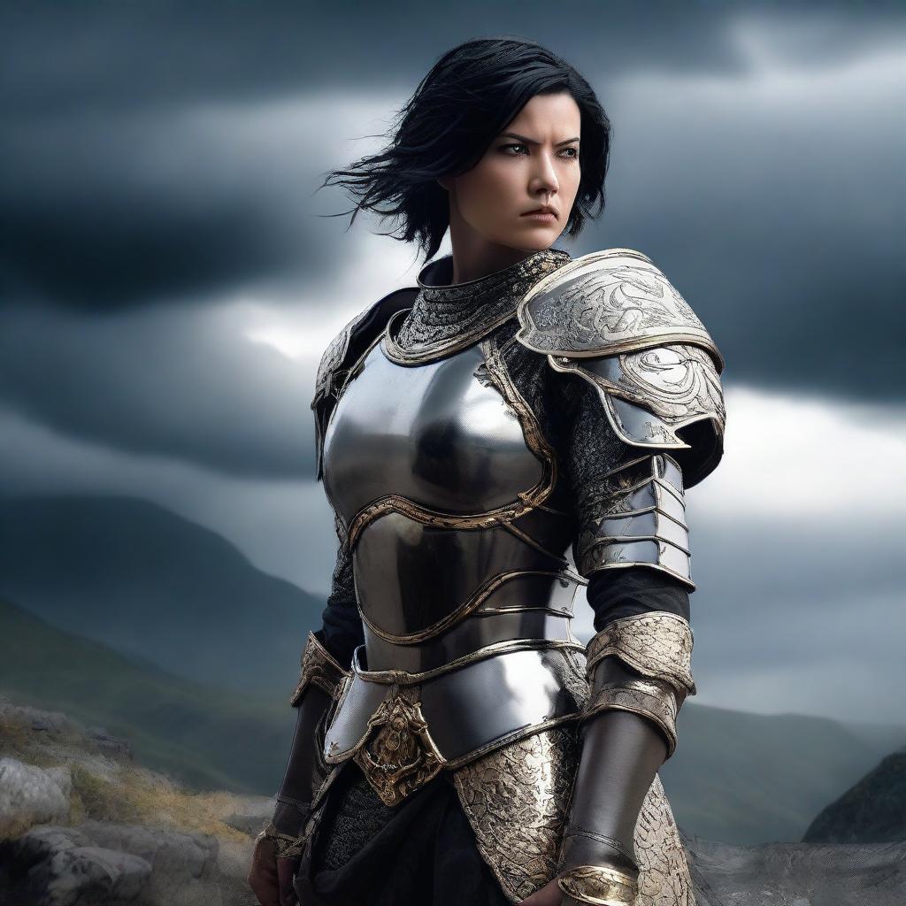 A fierce warrior with short black hair, clad in detailed armor, standing ready for battle