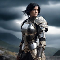 A fierce warrior with short black hair, clad in detailed armor, standing ready for battle