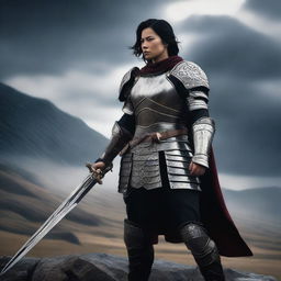 A fierce warrior with short black hair, clad in detailed armor, standing ready for battle