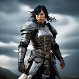 A fierce warrior with short black hair, clad in detailed armor, standing ready for battle