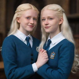 A captivating scene displaying a beautiful, perfect albino girl from Ravenclaw in her Hogwarts uniform, romantically linked with the character of Harry Potter, their affectionate bond articulated through their expressions and interactive poses.