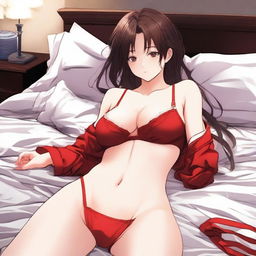 Create an alluring anime girl depicted in a peaceful sleeping pose, wearing red underwear