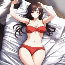 Create an alluring anime girl depicted in a peaceful sleeping pose, wearing red underwear