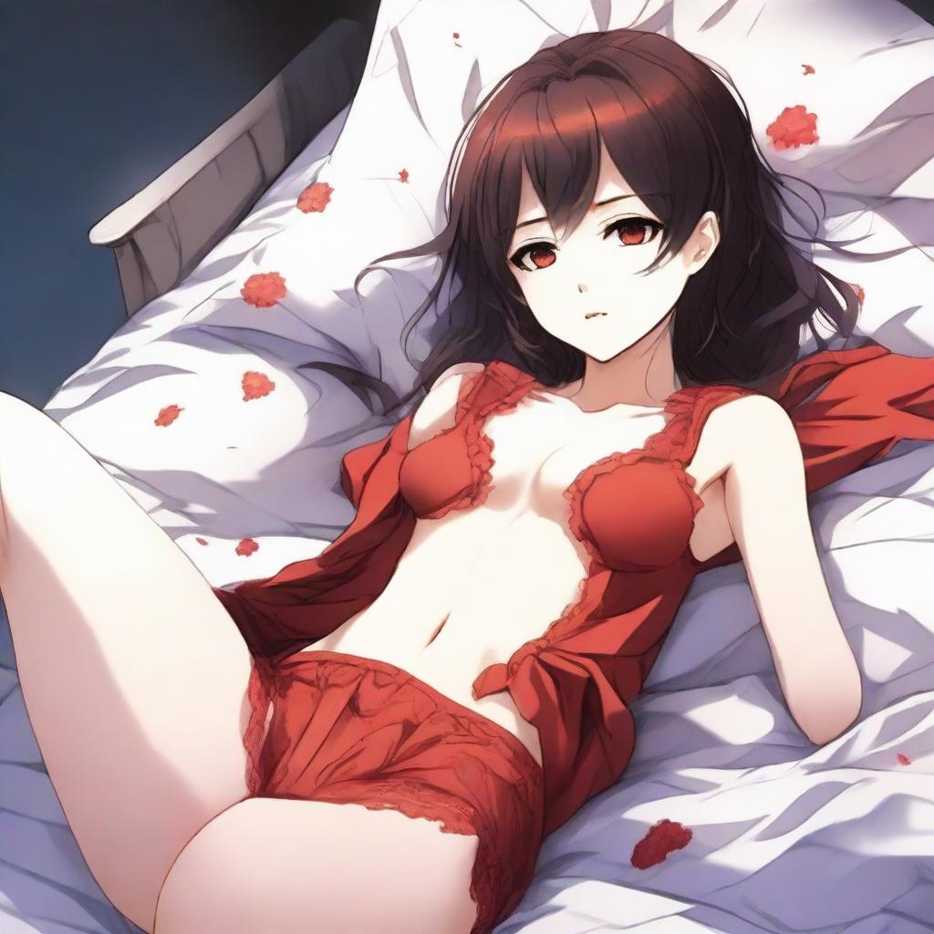 Create an alluring anime girl depicted in a peaceful sleeping pose, wearing red, slightly torn underwear