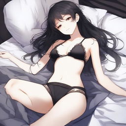 Create an alluring anime girl depicted in a peaceful sleeping pose, wearing black, slightly torn underwear