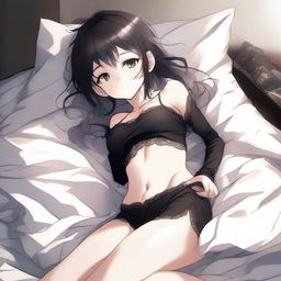 Create an alluring anime girl depicted in a peaceful sleeping pose, wearing black, slightly torn underwear