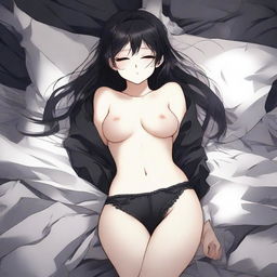 Create an alluring anime girl depicted in a peaceful sleeping pose, wearing black, slightly torn underwear