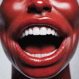 A vibrant red lipstick monster with sharp teeth and a shiny texture