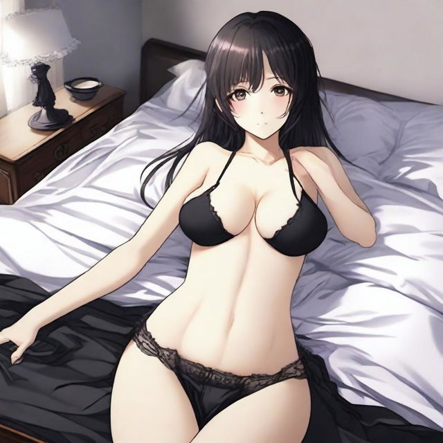 Create an alluring anime girl depicted on a bed, wearing black, slightly torn underwear