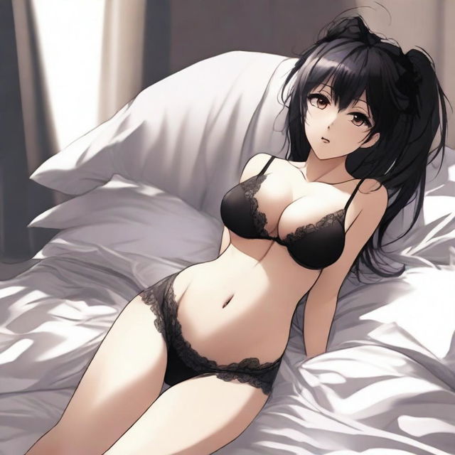 Create an alluring anime girl depicted on a bed, wearing black, slightly torn underwear