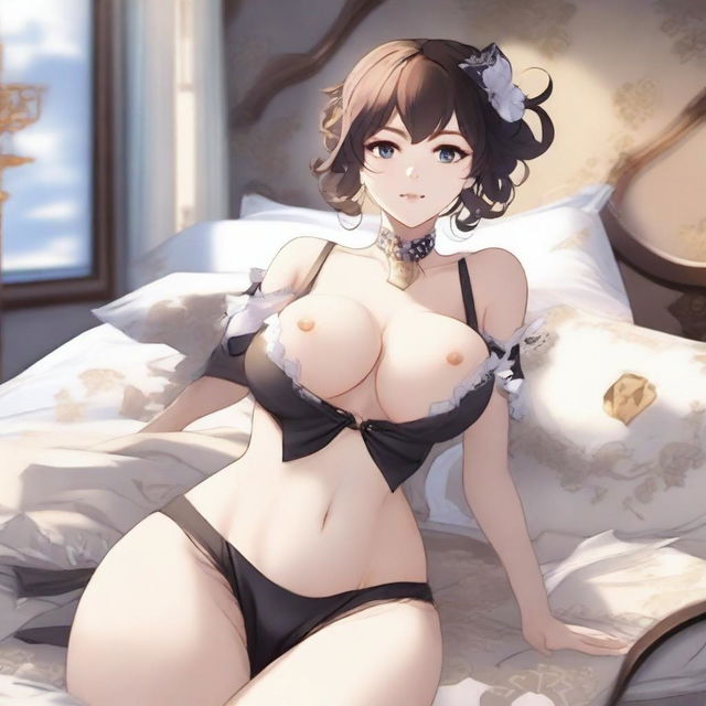 Create an alluring Genshin Impact girl depicted on a bed, wearing slightly torn underwear