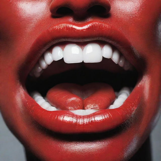 A vibrant red lipstick monster with sharp teeth and a shiny texture