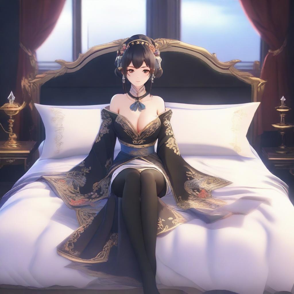 Create an alluring Genshin Impact female character depicted on a bed