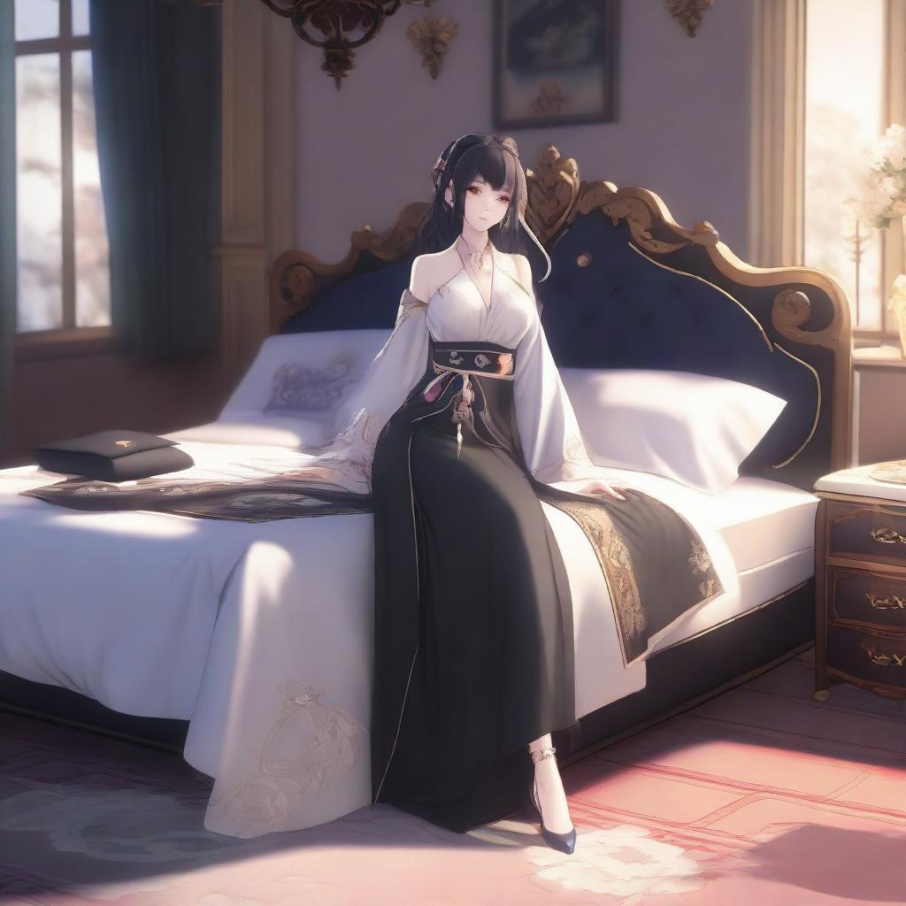 Create an alluring Genshin Impact female character depicted on a bed