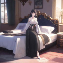 Create an alluring Genshin Impact female character depicted on a bed