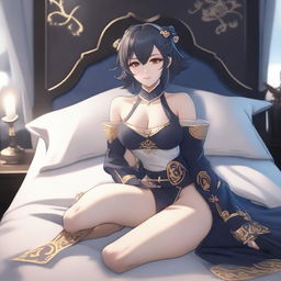 Create an alluring Genshin Impact female character depicted on a bed