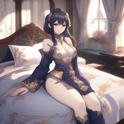 Create an alluring Genshin Impact female character depicted on a bed