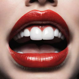 A vibrant red lipstick monster with sharp teeth and a shiny texture