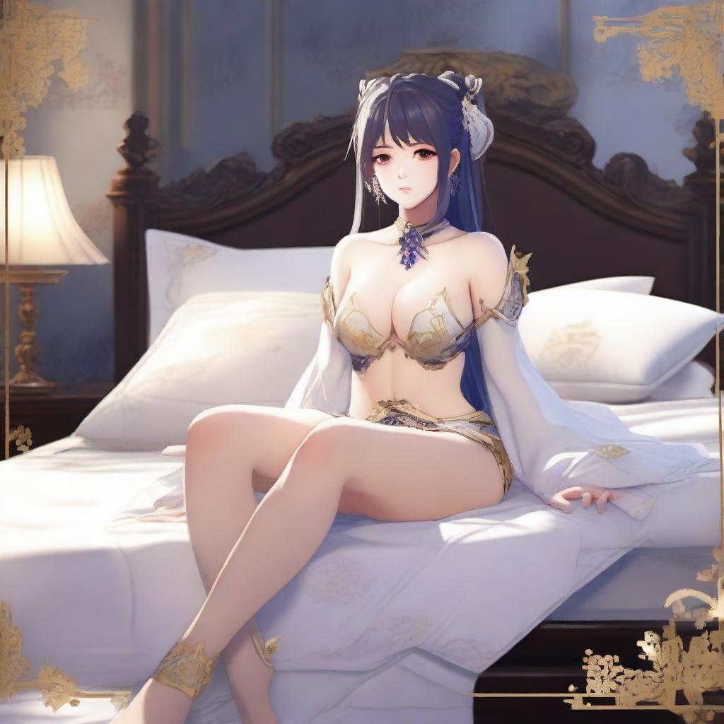 Create an alluring female character inspired by Genshin Impact, depicted on a bed in a seductive pose