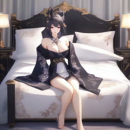 Create an alluring female character inspired by Genshin Impact, depicted on a bed in a seductive pose