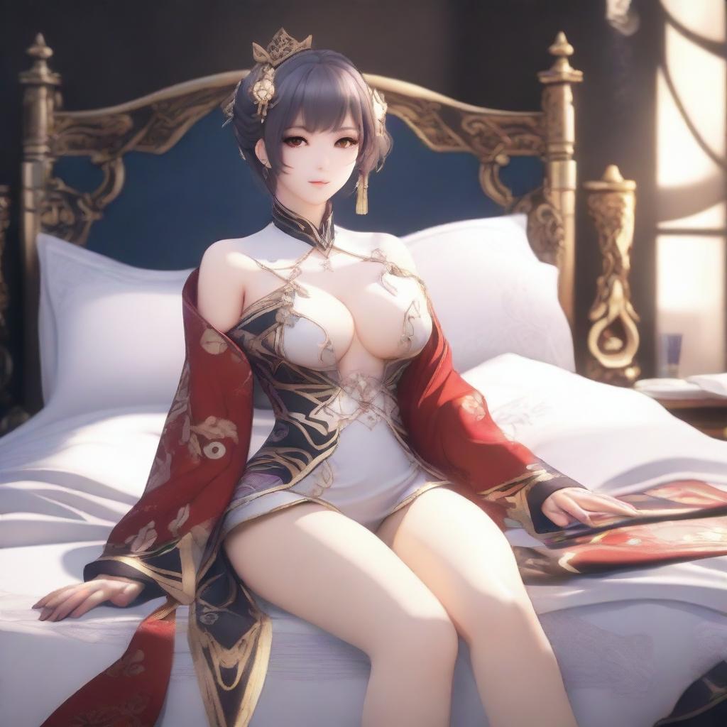 Create an alluring female character inspired by Genshin Impact, depicted on a bed in a seductive pose