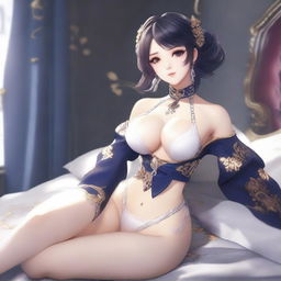 Create an alluring female character inspired by Genshin Impact, depicted on a bed in a seductive pose