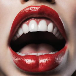 A vibrant red lipstick monster with sharp teeth and a shiny texture