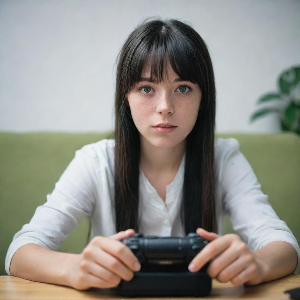 casual photograpy by kodak, female , 23 year old with green eyes and black long hai with withe streaks in the bangs, ocational clothes.,freckles, playing video games, medium distance shot, 4k hd,  --styerw--v 5.2 ar 2-3