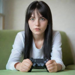 casual photograpy by kodak, female , 23 year old with green eyes and black long hai with withe streaks in the bangs, ocational clothes.,freckles, playing video games, medium distance shot, 4k hd,  --styerw--v 5.2 ar 2-3