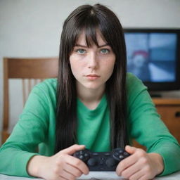 casual photograpy by kodak, female , 23 year old with green eyes and black long hai with withe streaks in the bangs, ocational clothes.,freckles, playing video games, medium distance shot, 4k hd,  --styerw--v 5.2 ar 2-3