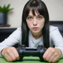 casual photograpy by kodak, female , 23 year old with green eyes and black long hai with withe streaks in the bangs, ocational clothes.,freckles, playing video games, medium distance shot, 4k hd,  --styerw--v 5.2 ar 2-3