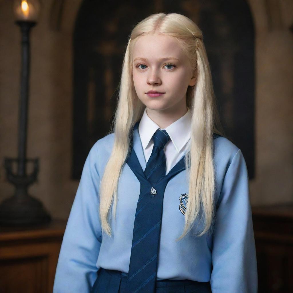 An impressive portrait of a beautiful, perfect albino girl from Ravenclaw in Hogwarts uniform standing next to Harry Potter, their unique characteristics captured through exquisite detail.