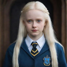 An impressive portrait of a beautiful, perfect albino girl from Ravenclaw in Hogwarts uniform standing next to Harry Potter, their unique characteristics captured through exquisite detail.