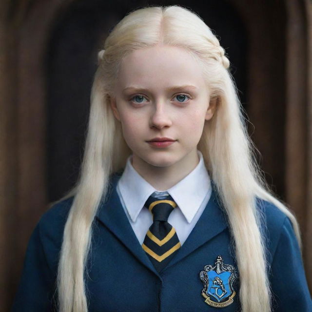 An impressive portrait of a beautiful, perfect albino girl from Ravenclaw in Hogwarts uniform standing next to Harry Potter, their unique characteristics captured through exquisite detail.