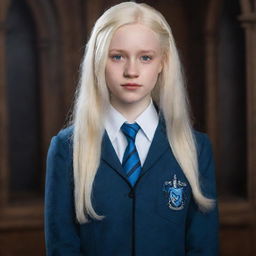 An impressive portrait of a beautiful, perfect albino girl from Ravenclaw in Hogwarts uniform standing next to Harry Potter, their unique characteristics captured through exquisite detail.