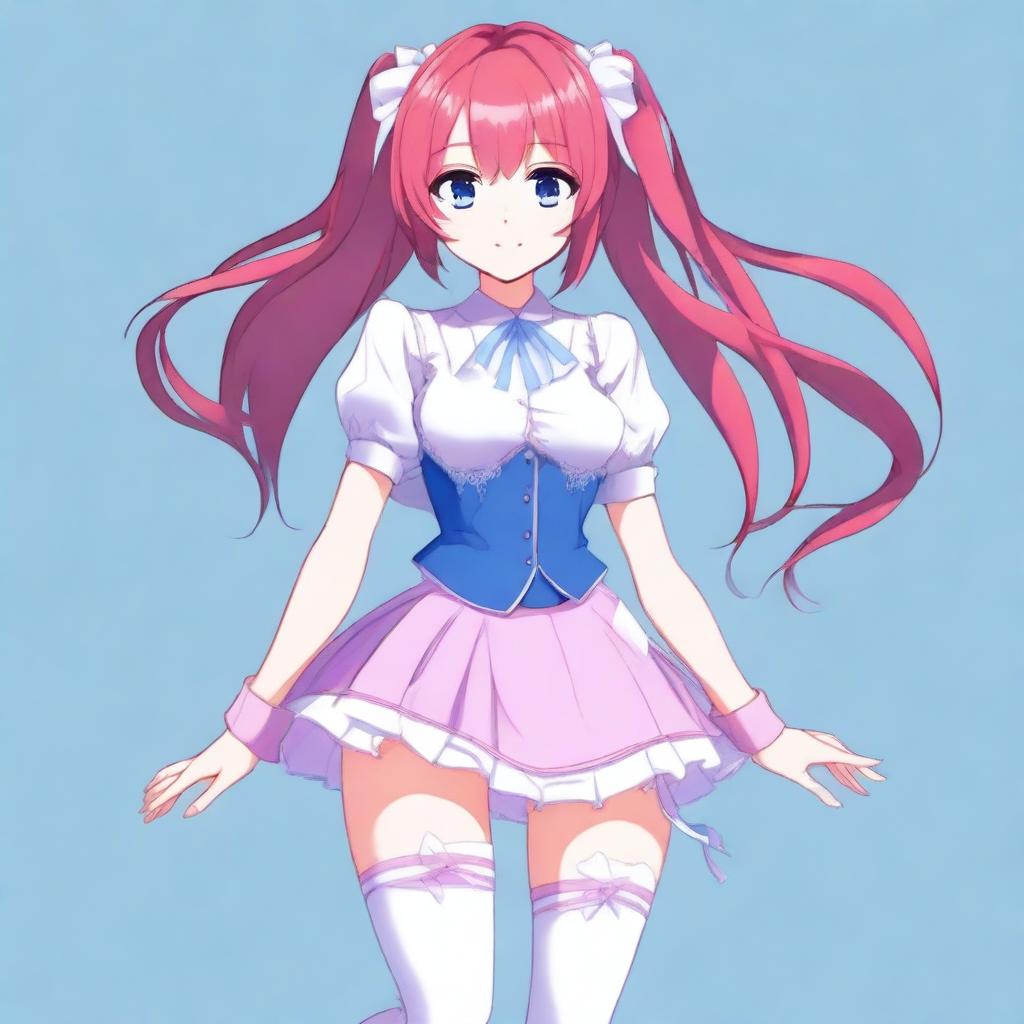 A waifu with red hair and some purple streaks, sky blue eyes, wearing a purple skirt outfit with pink and blue accents, white stockings, and white shoes