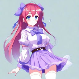 A waifu with red hair and some purple streaks, sky blue eyes, wearing a purple skirt outfit with pink and blue accents, white stockings, and white shoes